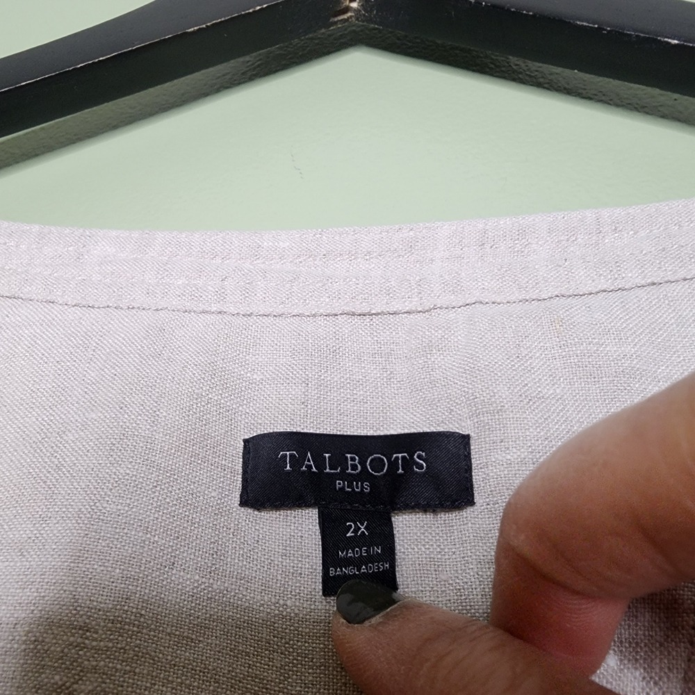 Talbots Plus Size Linen Shirt Coastal Beach Beige Popover Shirt V Neck 2X - Picture 4 of 9